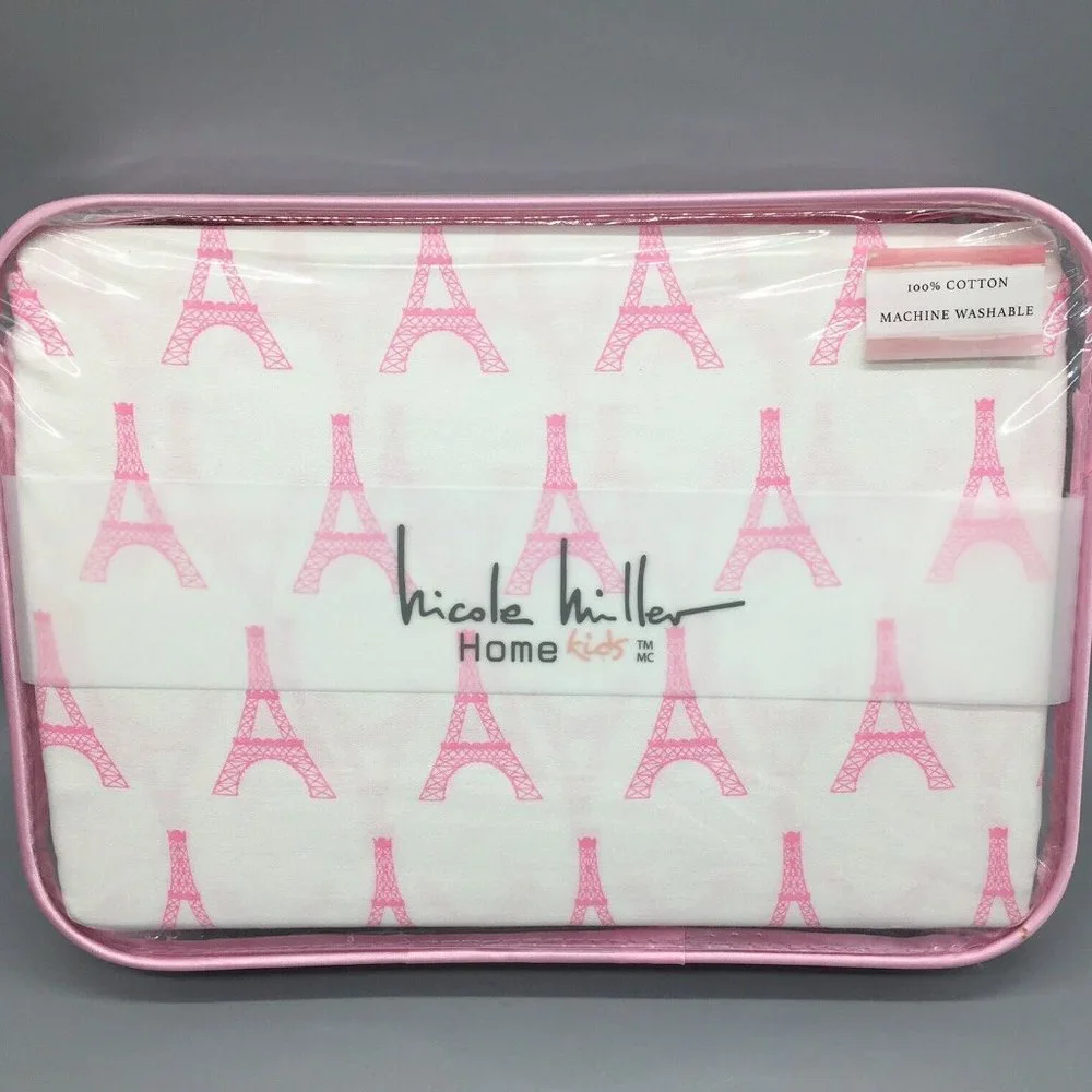 4pc Nicole Miller Paris Eiffel Tower FULL Sheet Set Hot Pink White Kids NEW